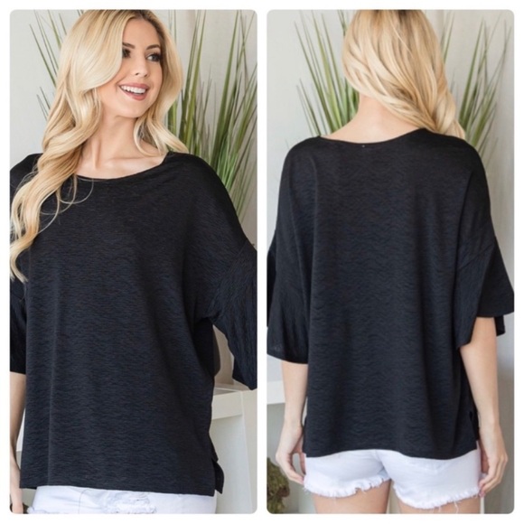 New Flared Sleeve Basic Short Sleeve Black Top - Picture 2 of 2